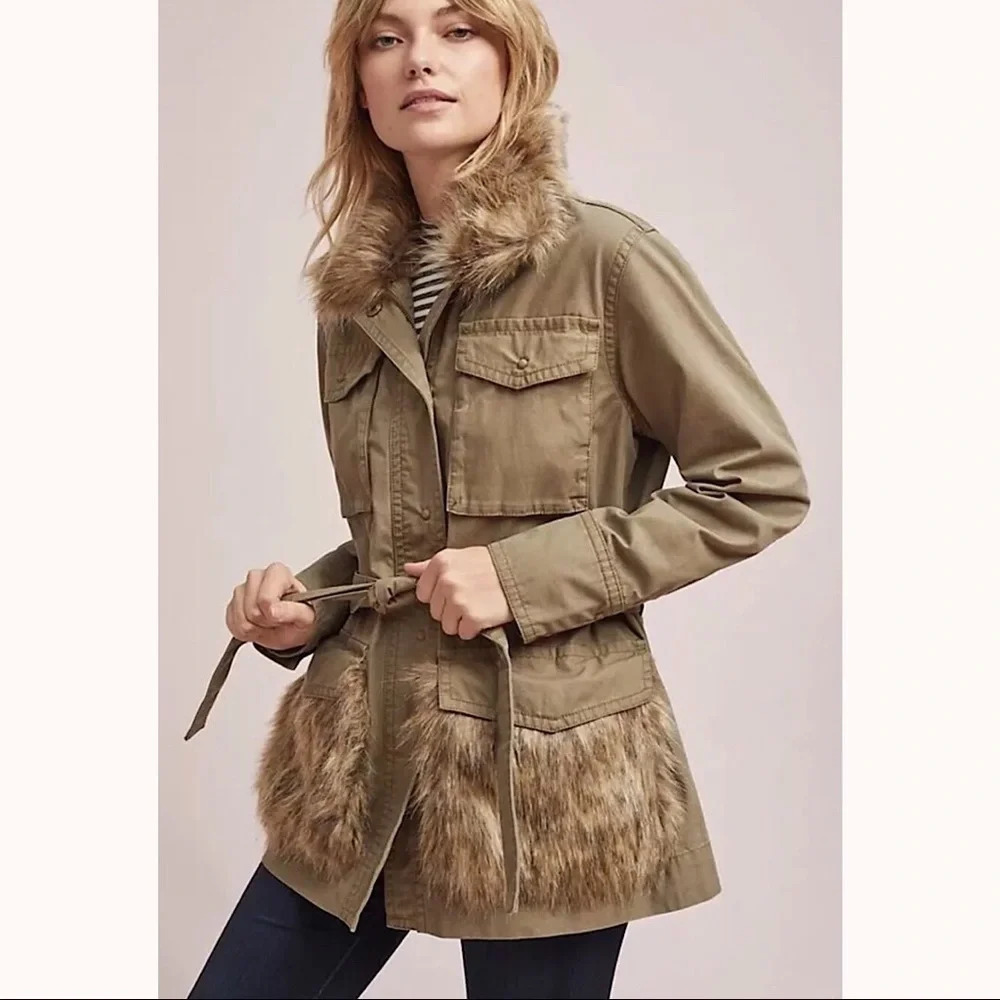 Khaki Utility Jacket Faux‎ Fur Trim Belted Cargo Pockets Women NWT